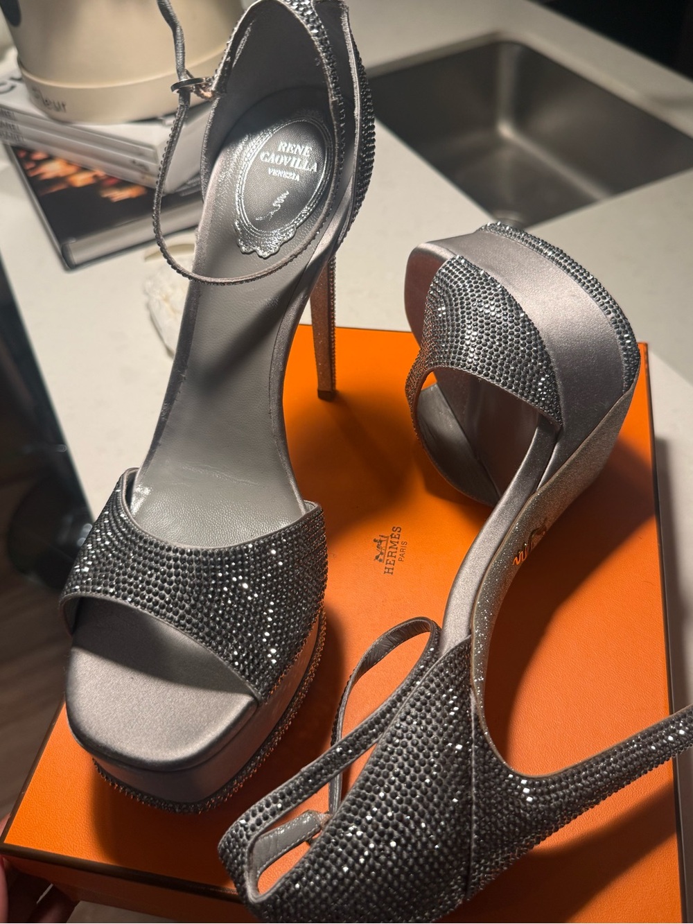 Rene Caovilla Silver Crystal Platform Stiletto Sandals